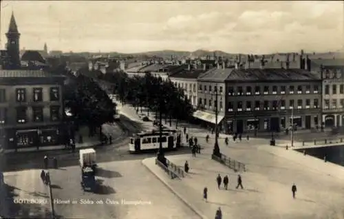 Ak Göteborg Schweden, Stadtansicht von  Straßenszene, Tram und Gebäude