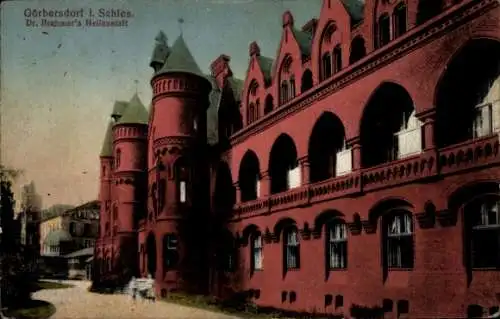 Ak Sokołowsko Görbersdorf Schlesien, Historisches Gebäude, rote Backsteinarchitektur,  Türme, ...