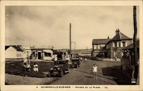 Ak Quiberville sur Mer Seine-Maritime, Eingang zum Strand, Autos