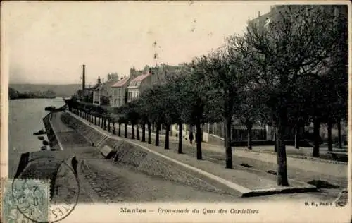 Ak Mantes la Jolie Yvelines, Promenade du Quai des Cordeliers, Baumalleen, Häuser, Fluss.