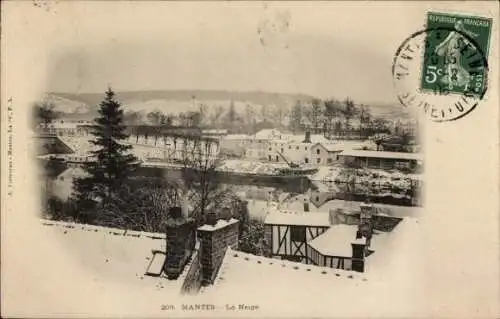 Ak Mantes la Jolie Yvelines, Schneelandschaft, Fluss, Gebäude, Bäume, Poststempel, französisch...