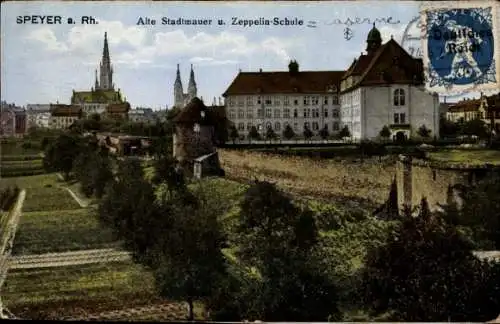 Ak Speyer am Rhein, Stadtmauer, Zeppelin-Schule, historische Architektur, Gartenlandschaft