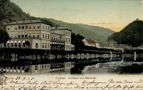 Ak Bad Ems an der Lahn, Kursaal, Kurhaus, Bäderlei, schöne Landschaft, allem im Abendlicht