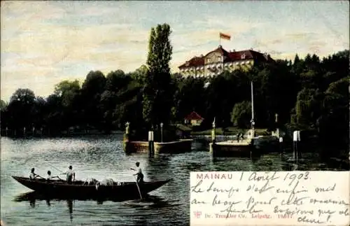 Ak Insel Mainau im Bodensee, Ruderpartie, Anlegestelle, Schloss