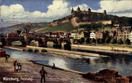 Künstler Ak Würzburg am Main Unterfranken, Festung Marienberg, Brücke, Mainpartie