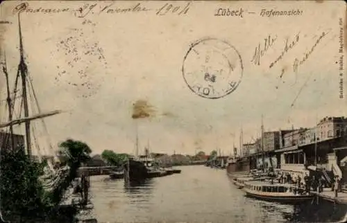 Ak Hansestadt Lübeck, Hafenansicht, 1904, Schiffe, Hafen, Gebäude