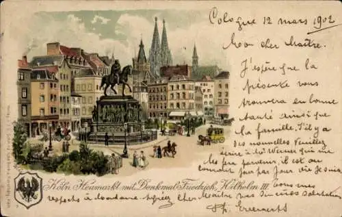 Litho Köln am Rhein, Heumarkt, Denkmal Friedrich Wilhelm III., Wappen