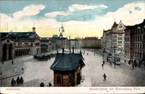 Ak München, Bahnhofplatz, Warenhaus Tietz, Architektur, historische Postkarte