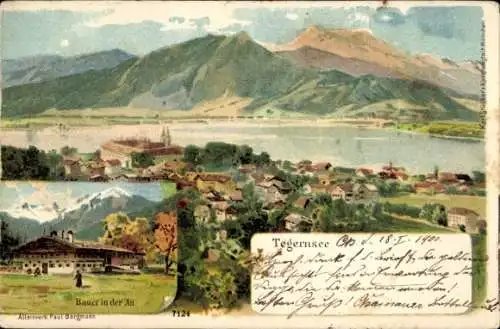Litho Tegernsee in Oberbayern, Gesamtansicht, Bauer in der Au