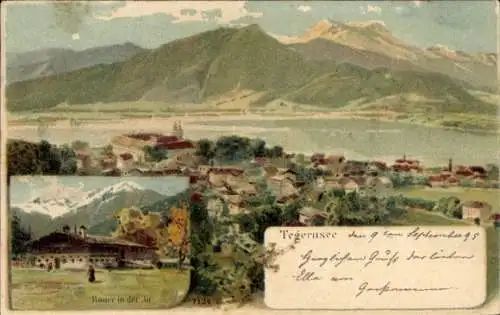 Ak Tegernsee in Oberbayern, Berglandschaft, Seen, Häuser, Bäuerliches Gebäude, Farbenfroh, 1898