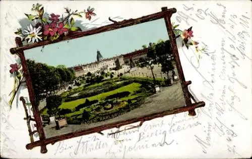 Ak Karlsruhe in Baden, Postkarte mit Gartenansicht, Schloss  Blumenrahmen