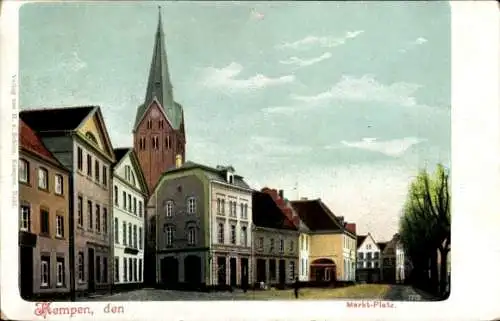 Ak Kempen am Niederrhein, Marktplatz, historische Gebäude, Kirche, blauer Himmel