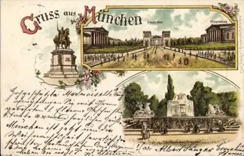 Ak München Bayern, Grüße aus  Propylen, Glyptothek, Brunnen, historische Architektur