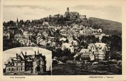 Ak Königstein im Taunus, Ansicht von Königstein, Villa Rothschild im Vordergrund, Burg auf Hügel