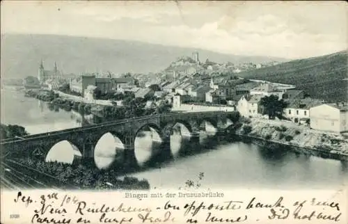 Ak Bingen am Rhein, Bingen mit der Drususbrücke, Ansichten der Stadt, Brücke über den Fluß