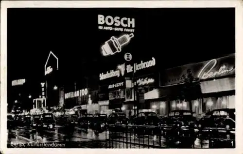 Ak Berlin Charlottenburg, Kurfürstendamm, Kurfürstendamm, beleuchtete Reklamen, Autos, nächtli...
