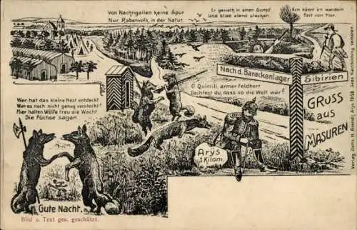 Ak Mazury Masuren Ostpreußen, Truppenübungsplatz Arys, Barackenlager, Füchse sagen Gute Nacht