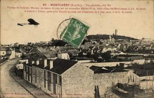 Ak Montlhéry Essonne, Luftbild von  Flugzeug Morane, Bleriot No 11, historische Szenerie