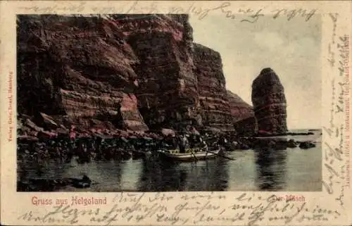 Ak Nordseeinsel Helgoland, Steile Felsen, Boot auf dem Wasser, Grüß aus  Mönch