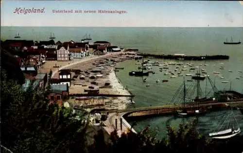 Ak Helgoland in Schleswig Holstein, Unterland mit neuen Hafenanlagen, Schiffe