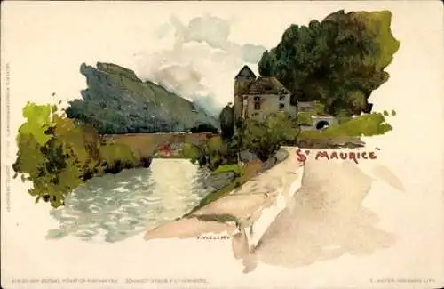 Ak Saint Maurice sur Loire, Landschaft mit Fluss, Gebäude, Bäume, künstlerische Gestaltung