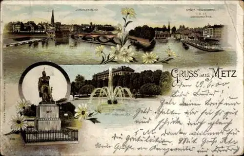 Ak Metz Moselle, Jungferwehr, Stadt und Justizpalast, Brücke, Flusslandschaft, Blumen