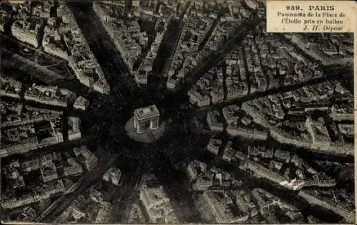 CPA Paris VIII, Arc de Triomphe, Panorama de la Place de l'Étoile pris en ballon