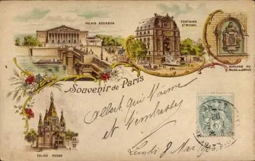 Ak Paris I Louvre, Palais Bourbon, Fontaine, Smichel, Eglise Russe, Souvenir de Paris