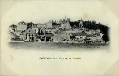 Ak Montbard Côte-d'Or, Panoramablick auf  Häuser, Kirche, grüne Wälder im Hintergrund