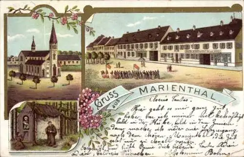 Litho Marienthal Haguenau Hagenau Elsass Bas Rhin, Kirche, Gasthof, Mönch