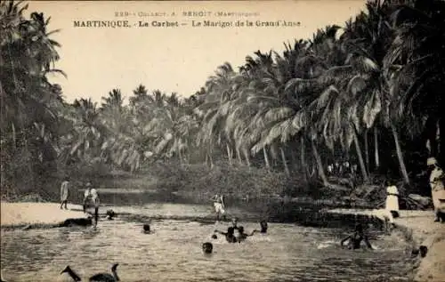 Ak Martinique, Strandansicht, Menschen im Wasser, Palmen, natürlicher Fluss