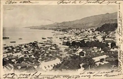 Ak Saint Pierre Martinique, Landschaft von Saint-Pierre, Hafen, Hügelkulisse, Postkartenstempel
