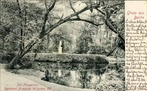 Ak Berlin Tiergarten, Tiergarten, Denkmal Friedrich Wilhelms III, grüner Park, ruhiger Teich