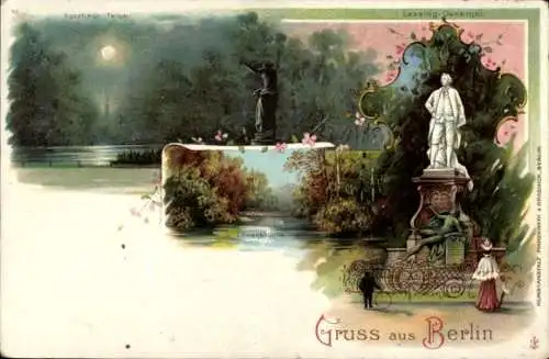Ak Berlin Tiergarten, Lessing-Denkmal, Goldting Teich, Wasserlandschaft, Gruss aus Berlin