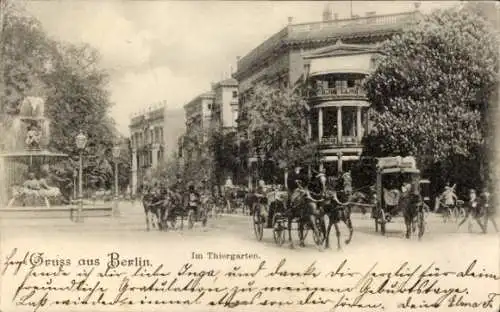 Ak Berlin Tiergarten, Postkarte aus  Thiergarten, auf der Straße mit Kutschen