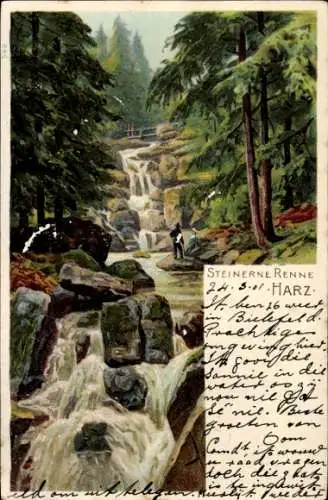 Ak Gernrode Quedlinburg im Harz, Wasserfall in der Natur, Waldlandschaft, Wanderer
