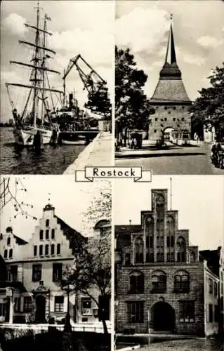 Ak Hansestadt Rostock, Schiff, Kirchturm, historische Gebäude, Stadtansicht, Rostock