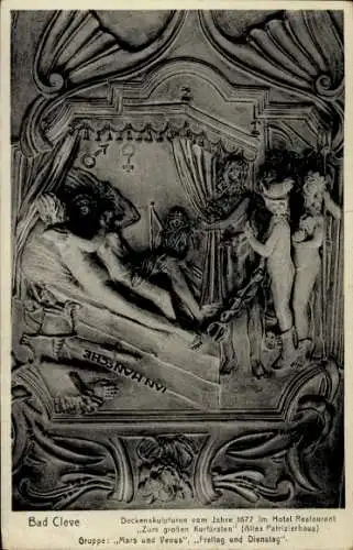 Ak Bad Cleve Kleve am Niederrhein, Deckenskulpturen von 1677, Hotel Restaurant, Mars und Venus