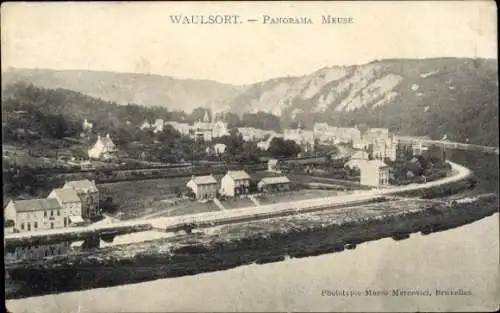 Ak Waulsort Ardennes, Panorama der Meuse, Häuser, Hügel, schwarz-weiß