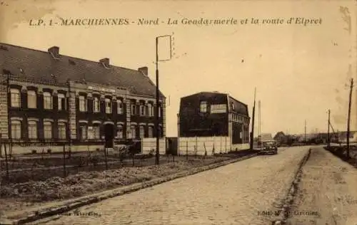 Ak Marchiennes Nord, Gendarmerie, Straße d'Elpret, Gebäude, Auto, historische Ansicht