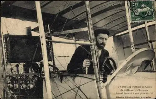 CPA L'Aéroplane Farman au Camp de Châlons, L'Aviateur Henri Farman