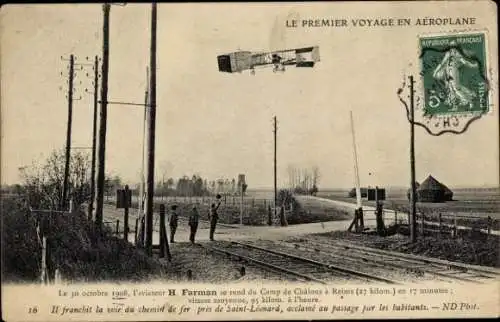 CPA Premier Voyage en Aéroplane, L'Aviateur Henri Farman se rend du Camp de Châlons à Reims