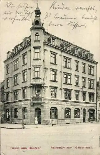 Ak Bautzen in der Oberlausitz, Gebäude mit Turm, Restaurant zum Gambrinus, Text von Kindern