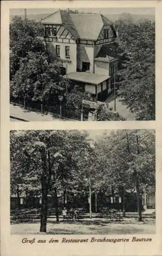 Ak Bautzen in der Oberlausitz, Restaurant Brauhausgarten, Bäume, offene Plätze, Architektur
