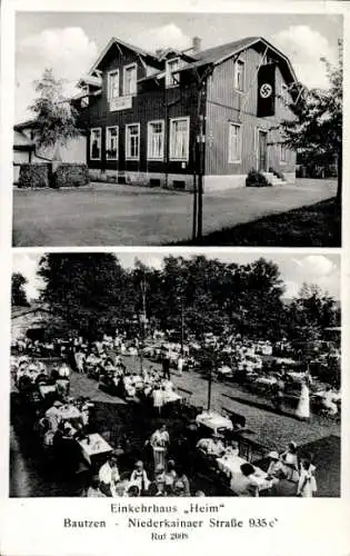 Ak Bautzen in der Oberlausitz, Einkehrhaus Heim, Gasthaus, Gartenlokal, Gäste im Freien