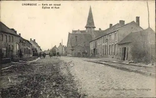Ak Crombeke Krombeke Poperinghe Poperinge West-Vlaanderen, Kerk en straat