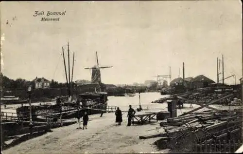 Ak Den Bommel Südholland, Schiffswerft, Windmühle, Wasserweg, Hafen, historische Ansichten