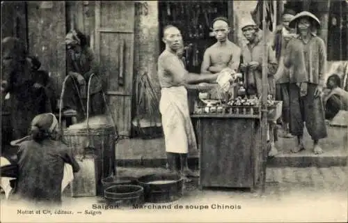 Ak Cho Lon Saigon Cochinchine Vietnam, Markt mit chinesischem Suppenhändler, mehrere Personen,...