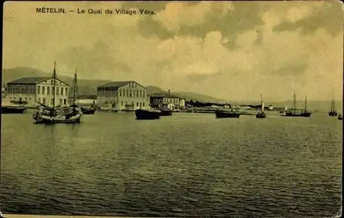 Ak Metelin Lesbos Griechenland, Ansicht des Quais, Schiffe im Wasser, Gebäude am Ufer