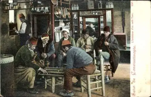 Ak Konstantinopel Istanbul Türkei, Türkisches Café, sechs Männer, einen Tisch, orientalische K...